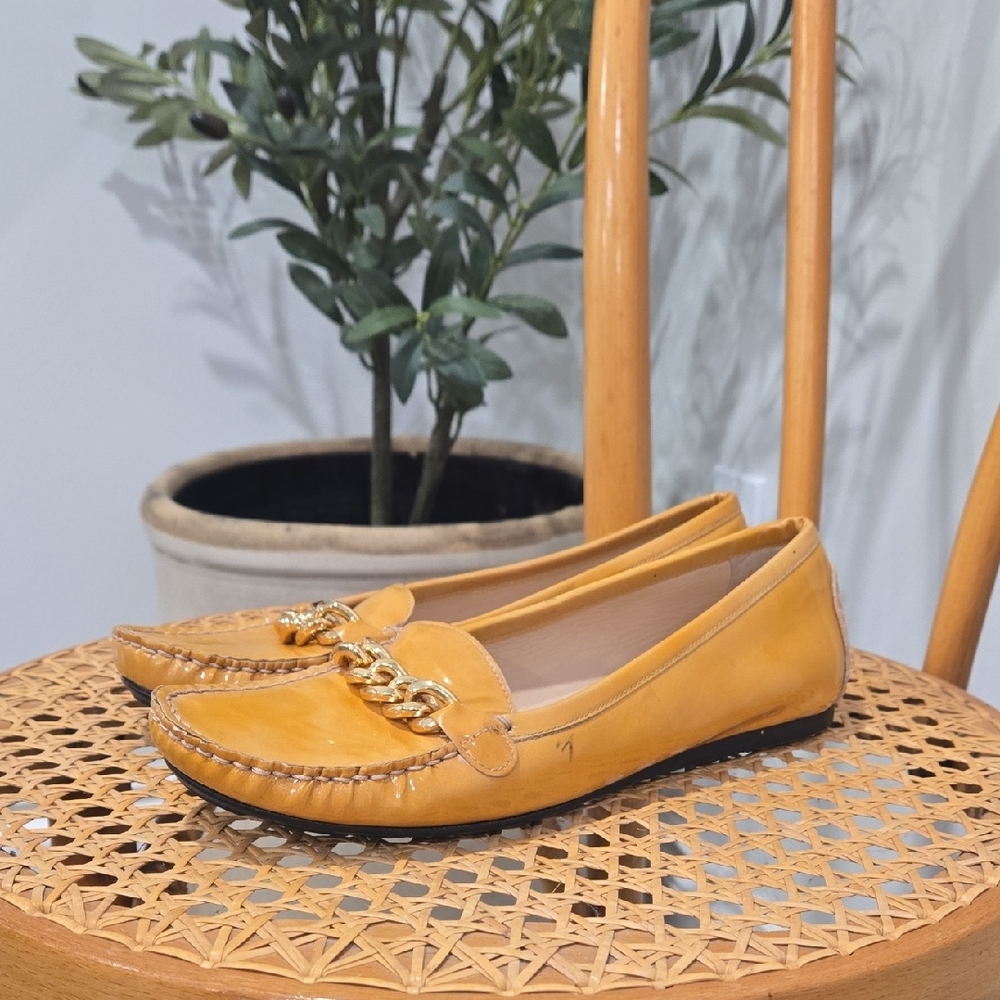 Stuart Weitzman Mustard Patent Leather Loafers with Gold Chain